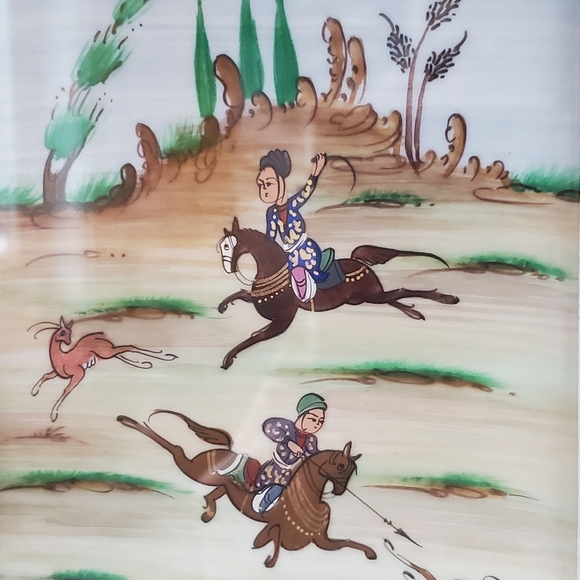 Vintage Iranian Persian Painting Hunting Scene Musicians Khatam Marquetry Frame - Picture 3 of 13